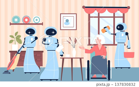 Ai clean home. Robots helps old lady, washing windows in apartments, giving tea, vacuum cleaning. Modern technologies for social help, recent vector scene Ai clean home. Robots helps old lady, washing windows in apartments, giving tea, vacuum cleaning. Modern technologies for social help, recent vector scene 137830832