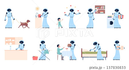 Robot housekeepers. Android character cleaning home, makes bed, walks dog, ironing, sitting with child, delivery parcel. Digital technologies, recent vector set 137830833