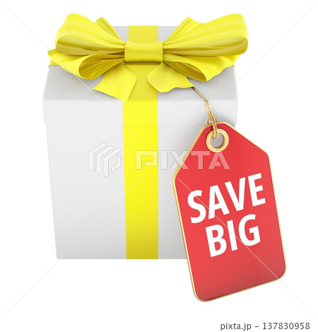 Gift box with Save Big tag, 3d rendering Gift box with Save Big tag, 3d rendering 137830958