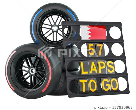 Racing in Bahrain, pit board with flag of Bahrain and racing wheels with different compounds type tyres. 3D rendering 137830965