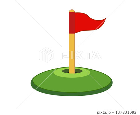 Golf hole with a red flag flat icon, simple cartoon style Golf hole with a red flag flat icon, simple cartoon style 137831092