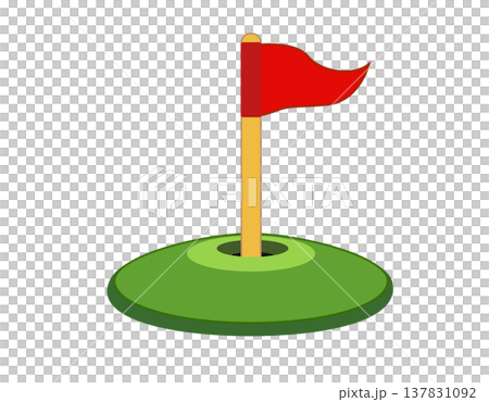 Golf hole with a red flag flat icon, simple cartoon style Golf hole with a red flag flat icon, simple cartoon style 137831092