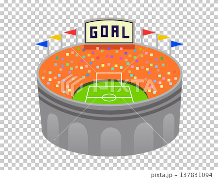 Cartoon soccer stadium flat icon with a GOAL sign and colorful confetti raining down on the stands 137831094