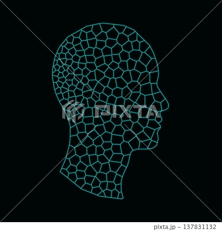 Cyan Neon Voronoi Human Head Profile on Black Background 137831132