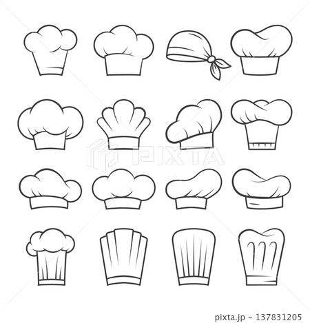 Set of sixteen chef hats and headwear outlines in different shapes 137831205