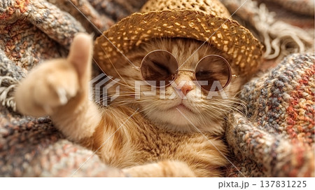 Ginger cat giving thumbs up wearing sunglasses and straw hat 137831225