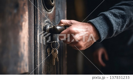 Hand opening old wooden door with keys Hand opening old wooden door with keys 137831233