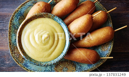 Corn dogs with mustard dipping sauce on wooden background Corn dogs with mustard dipping sauce on wooden background 137831249