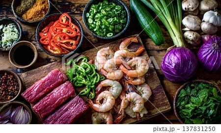 Raw beef, shrimps, and fresh vegetables for cooking on wooden board Raw beef, shrimps, and fresh vegetables for cooking on wooden board 137831250