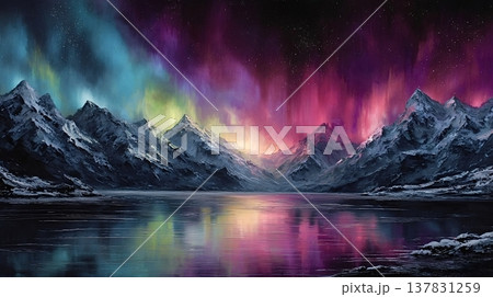 Aurora borealis creating vibrant reflections over snowy mountains Aurora borealis creating vibrant reflections over snowy mountains 137831259