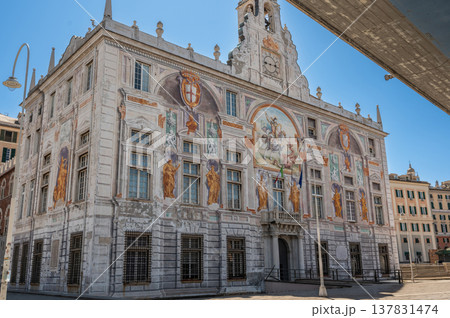 Genoa, liguria, italy. May 18, 2024. Palazzo san giorgio, a historic medieval building, showcasing renaissance frescoes and an ornate facade in genoa, liguria, italy Genoa, liguria, italy. May 18, 2024. Palazzo san giorgio, a historic medieval building, showcasing renaissance frescoes and an ornate facade in genoa, liguria, italy 137831474