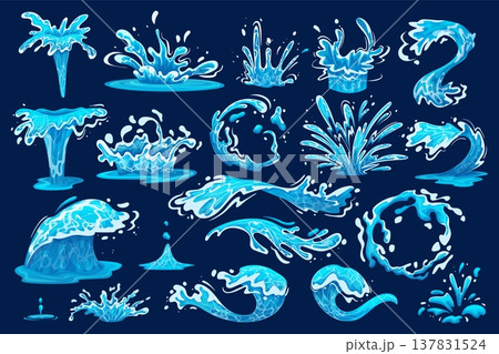 Cartoon water splashes. Wave splash liquid drop sea droplet blue fluid drip spray ocean foam fountain flow effect abstract flowing rain splatter shape ingenious vector illustration Cartoon water splashes. Wave splash liquid drop sea droplet blue fluid drip spray ocean foam fountain flow effect abstract flowing rain splatter shape ingenious vector illustration 137831524