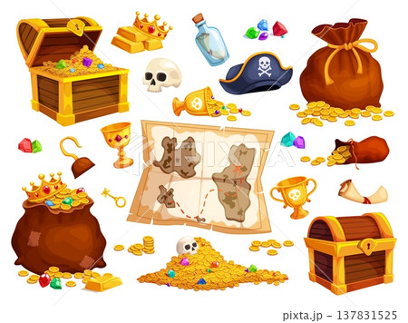 Pirate treasure set. Treasures chest, wooden box full gold coins piles jewelry medieval golden money bags old treasury pile find game map open chests ingenious vector illustration 137831525