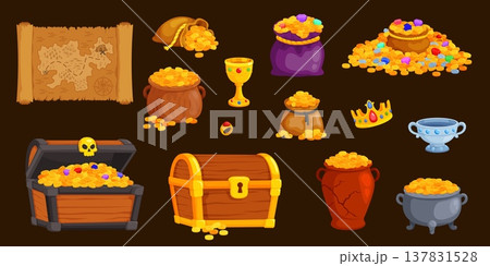 Pirate treasure piles. Treasures chest, wooden box full gold coins jewelry medieval money bags old treasury pile find game map open chests golden jewel, kicky vector illustration 137831528