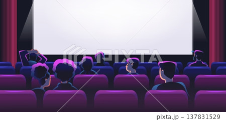 People cinema hall. Movie theater audience watching film, people crowd back rear view sitting on seats chairs row watch screen projector theatre stage classy vector illustration People cinema hall. Movie theater audience watching film, people crowd back rear view sitting on seats chairs row watch screen projector theatre stage classy vector illustration 137831529