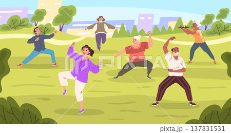 Tai chi group. Qigong exercise, senior old people class yoga gymnastics sport outdoor nature park man woman body health wellness fitness stretching, classy vector illustration 137831531