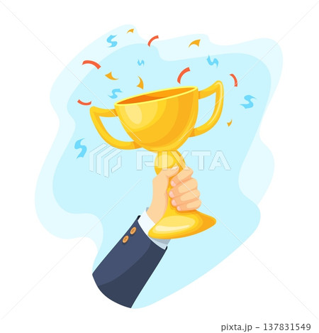 Winner hand trophy. Hand raise golden cup awards ceremony banner, sport competition champion best employee business office victory prize goal achievement neat vector illustration Winner hand trophy. Hand raise golden cup awards ceremony banner, sport competition champion best employee business office victory prize goal achievement neat vector illustration 137831549