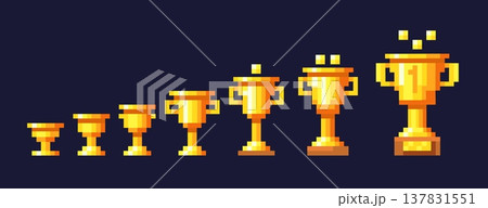 Pixel trophy cup animation. Golden cups game level win progress, retro video 8 bit arcade gaming winner awards player achievement reward golden trophies, neat vector illustration Pixel trophy cup animation. Golden cups game level win progress, retro video 8 bit arcade gaming winner awards player achievement reward golden trophies, neat vector illustration 137831551