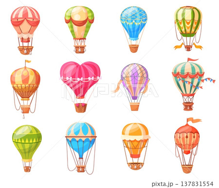 Cartoon hot air balloons. Colorful aerostat with basket, balloon vintage flight travel retro fly sky transport isolated airballoon cappadocia journey trip neat vector illustration Cartoon hot air balloons. Colorful aerostat with basket, balloon vintage flight travel retro fly sky transport isolated airballoon cappadocia journey trip neat vector illustration 137831554