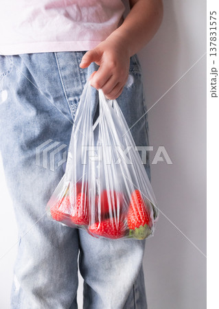 Child holding bag of fresh strawberries in clear plastic bag 137831575