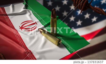 Iran Flag With Bullets and Barbed Wire Against Blurred United States Flag Political Conflict Concept 3d render. Iran Flag With Bullets and Barbed Wire Against Blurred United States Flag Political Conflict Concept 3d render. 137831637