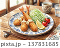 お皿に盛りつけられたエビフライのイラスト 137831685