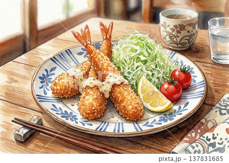 お皿に盛りつけられたエビフライのイラスト 137831685