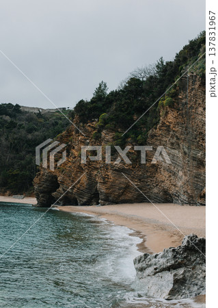Amazing view of the Adriatic sea and Mogren beach near Budva. Travel destination in Montenegro. 137831967