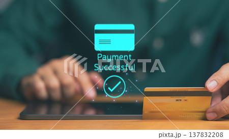 Online payment with credit card on mobile tablet. Successful digital transaction for e-commerce, banking, and money technology transfer concept. Online payment with credit card on mobile tablet. Successful digital transaction for e-commerce, banking, and money technology transfer concept. 137832208