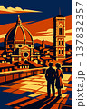 Florence Italy Art Deco Travel Poster with Duomo and Campanile Silhouette 137832357