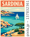 Vintage Sardinia Travel Poster with Sailboat and Mediterranean Coast Italy 137832361