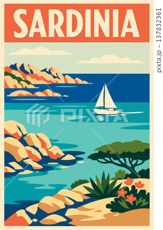 Vintage Sardinia Travel Poster with Sailboat and Mediterranean Coast Italy 137832361
