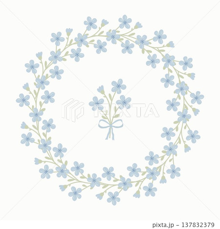 Delicate vector wreath and small bouquet of blue forget me not flowers with ribbons. Vintage floral frame template for wedding invitations, spring greeting cards, organic labels and nursery decor. 137832379
