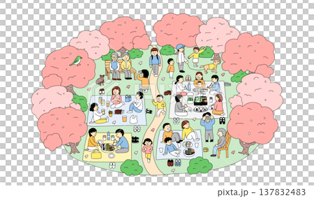 お花見を楽しむ人々のイラスト|桜の下でピクニックする家族と友人の春の風景 お花見を楽しむ人々のイラスト|桜の下でピクニックする家族と友人の春の風景 137832483