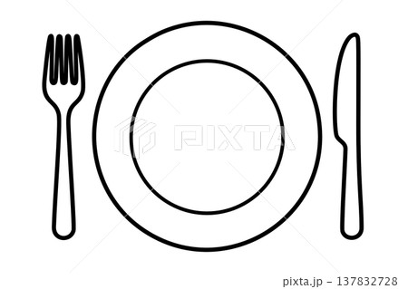 プレートとカトラリーセットのラインアイコン（黒） 137832728