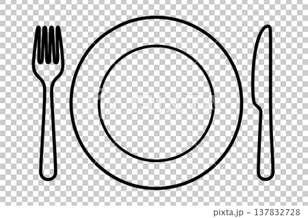 プレートとカトラリーセットのラインアイコン（黒） 137832728