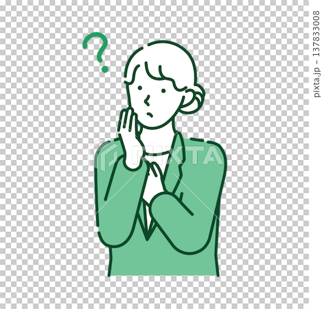 一幅線條畫，描繪了一位身著西裝的年輕女子在商務場合中顯得心事重重。 137833008