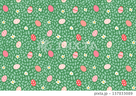 Easter eggs and daisies on grass vector seamless pattern, Cute spring background for Easter egg hunt designs 137833089