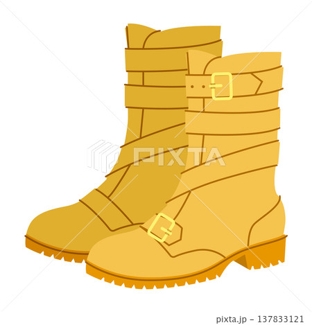 Yellow biker strap boot women color pair. Triple buckle block heel boot for city walk party statement outfit. Technical 137833121