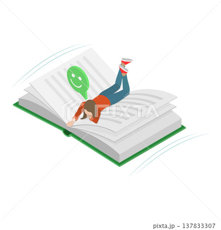 3D Isometric Flat Vector Illustration of Book Reading, Couple Soaring Above On Books Above The Clouds. Item 1 137833307