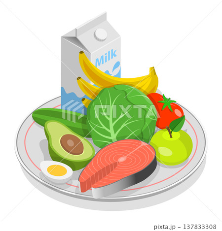 3D Isometric Flat Vector Set of Vegetarian Food Plates, Organic Grocery Products. Item 2 137833308