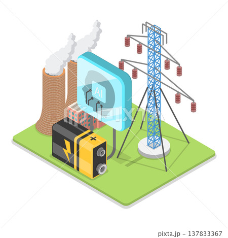 3D Isometric Flat Vector Illustration of Artificial Intelligence In Energy Production, AI-Power Consumption. Item 2 3D Isometric Flat Vector Illustration of Artificial Intelligence In Energy Production, AI-Power Consumption. Item 2 137833367