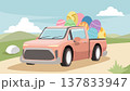 Pink pickup truck full of easter eggs driving on dirt road. Green hills and mountain under blue sky. Vector illustration for Easter Day. To go and celebrate the resurrection of Jesus Christ. 137833947