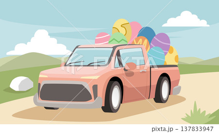 Pink pickup truck full of easter eggs driving on dirt road. Green hills and mountain under blue sky. Vector illustration for Easter Day. To go and celebrate the resurrection of Jesus Christ. 137833947