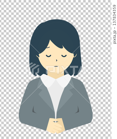 道歉的女白領 | 一位女商人道歉鞠躬的簡單插圖（正面，上半身） 137834359