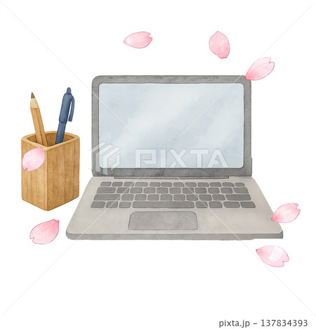 ノートパソコン デスクワーク 桜 春 在宅ワーク 水彩イラスト素材 137834393
