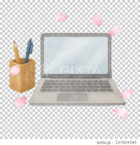 ノートパソコン デスクワーク 桜 春 在宅ワーク 水彩イラスト素材 137834393