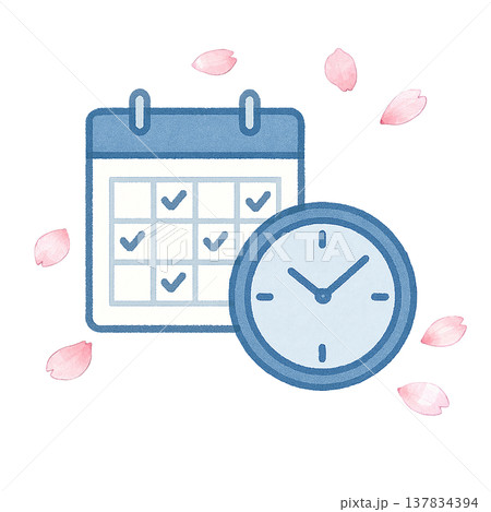 カレンダーと時計 スケジュール管理 桜 春 時間管理 水彩イラスト 137834394