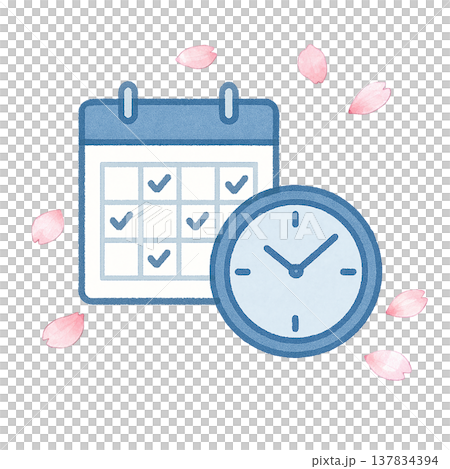 カレンダーと時計 スケジュール管理 桜 春 時間管理 水彩イラスト 137834394