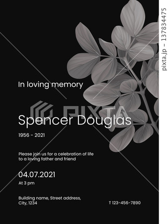 Modern memorial and funeral invitation card template design, dark grey decorated with lignum vitae leaves 137834475